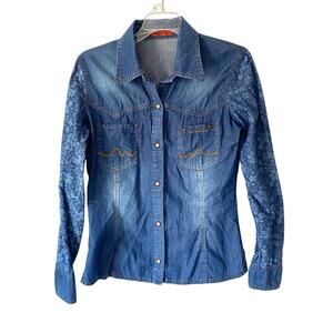 Vintage Kenzo Jeans Fitted Snap Button Cotton Denim Embroidered Shirt medium